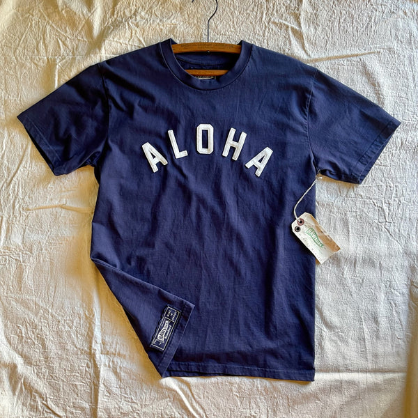 Mens Cotton T-Shirt in Navy x Aloha applique